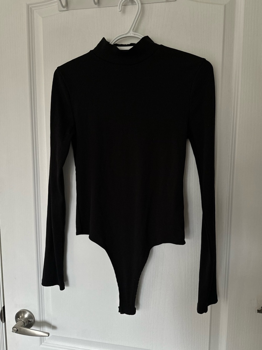 🔥 2/$20 Black Ribbed Long-Sleeve Mock Neck Thong Stretch Bodysuit Basic Chic